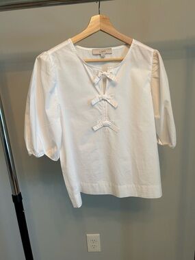 LOFT White Bow-Tie Puff Sleeve Blouse